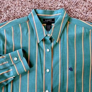 Lauren Ralph Lauren Green Striped Button Down Shirt Size 16 100% Cotton Logo EUC
